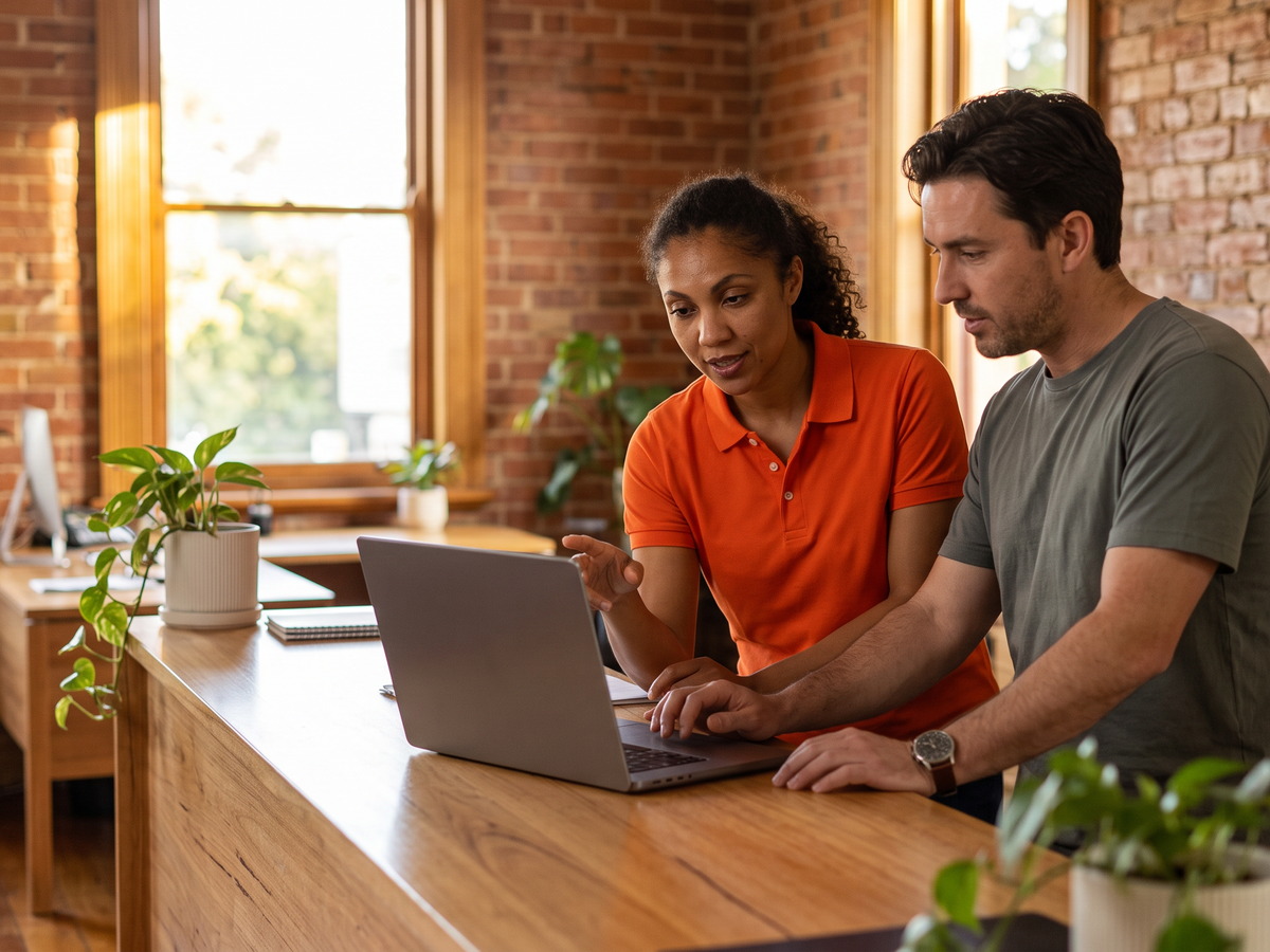 Remote IT Support in Adelaide 1 Technician working through a problem on a laptop with a business customer