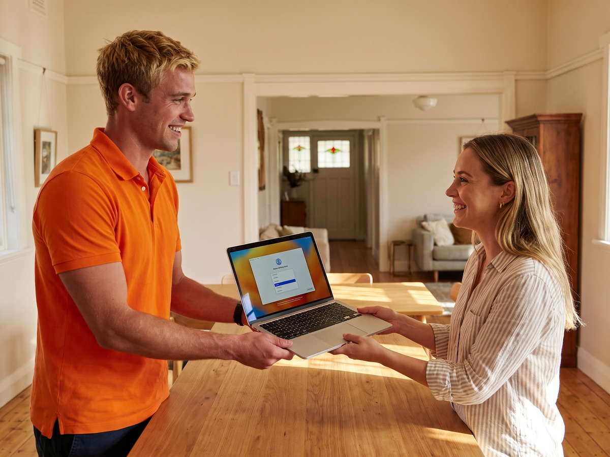 How Much Does IT Support Cost in Adelaide? (2026 Guide) 1 Technician handing a newly set-up laptop across the bench to its owner