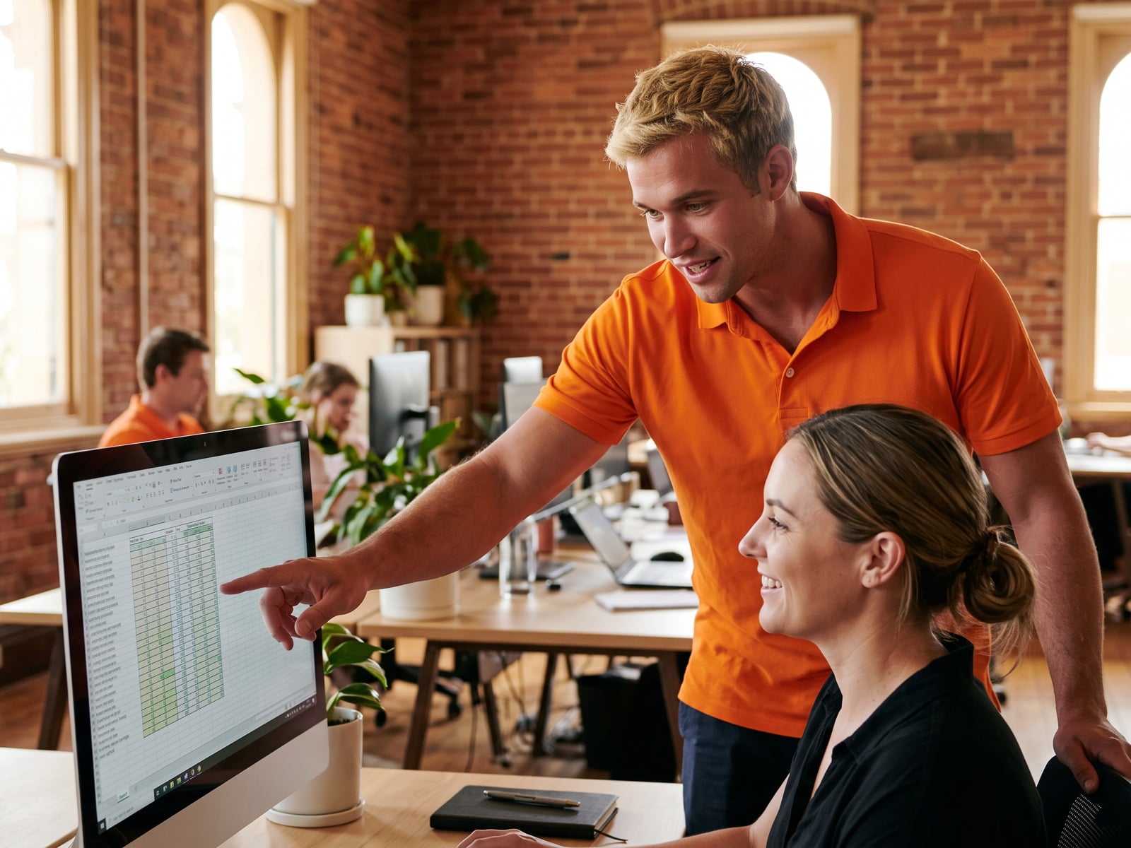 IT technician pointing out a fix on a desktop monitor while the customer follows along