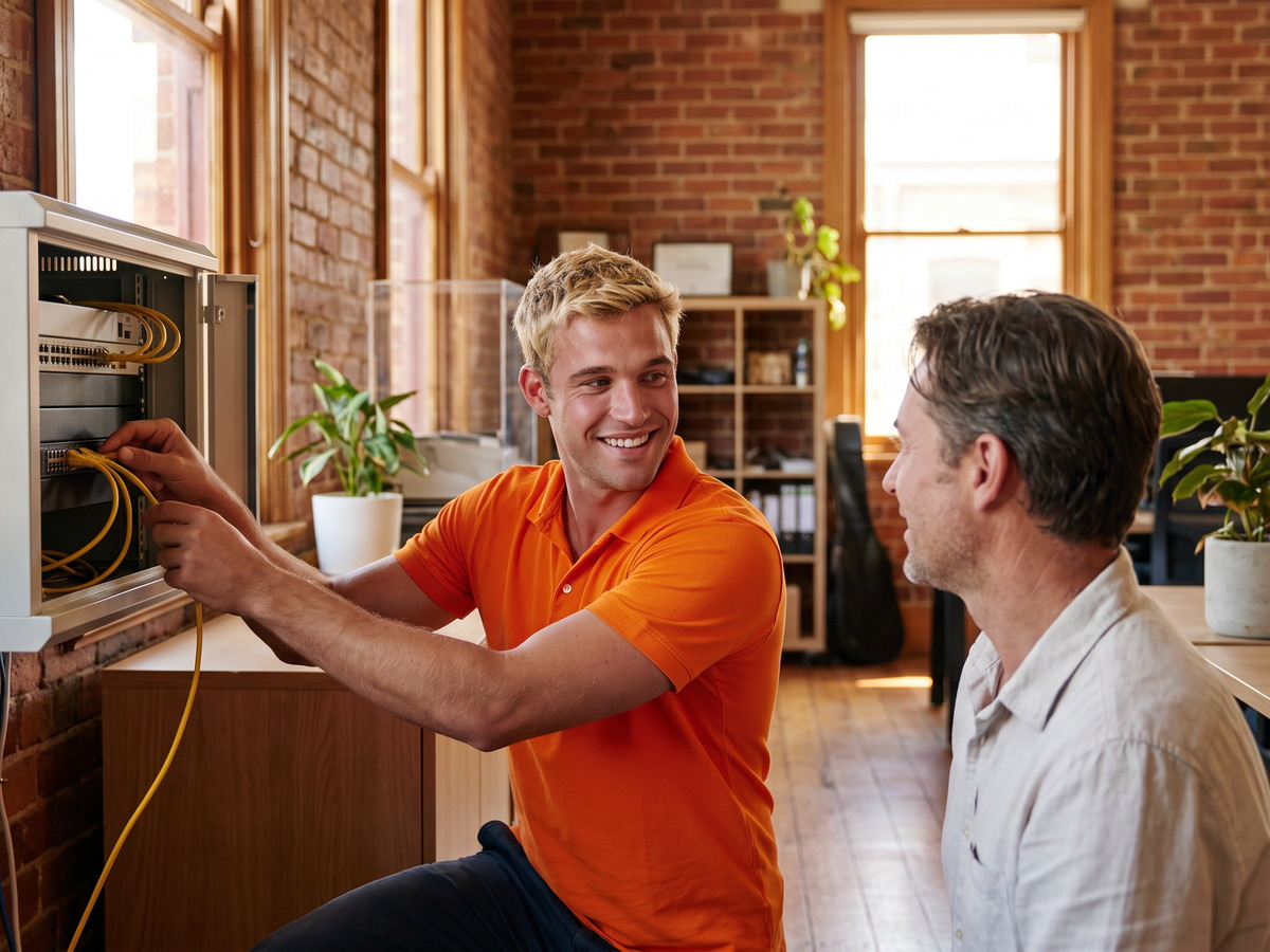 Printer Setup and Repair Help in Adelaide 1 Technician patching cables in an office network cabinet
