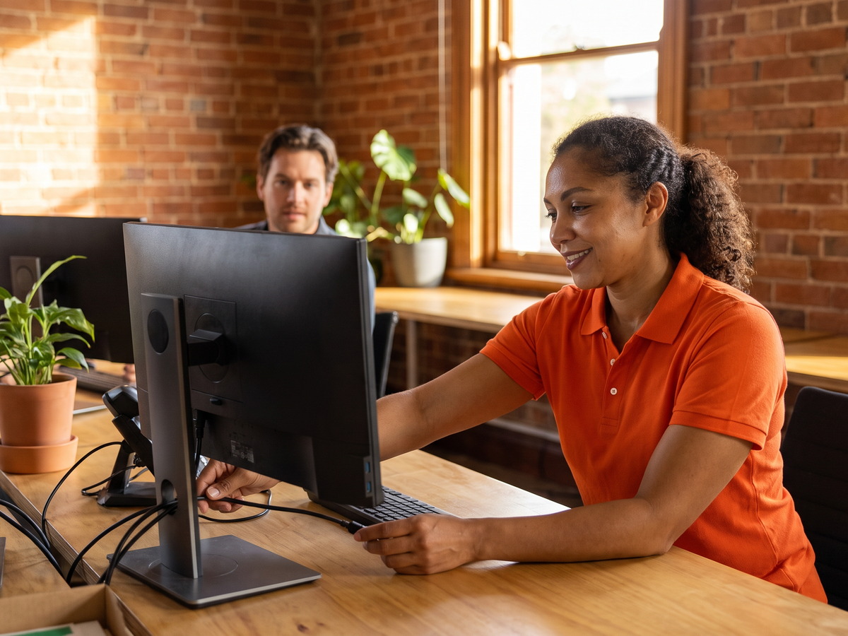 Contact Us 1 Technician setting up a dual-monitor workstation in an open-plan office