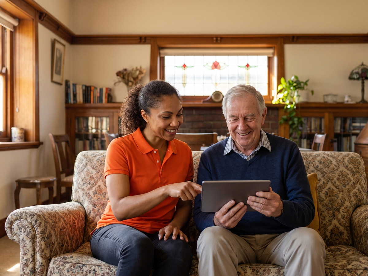 Why Choose Us 1 Technician patiently showing an older customer how to use a tablet